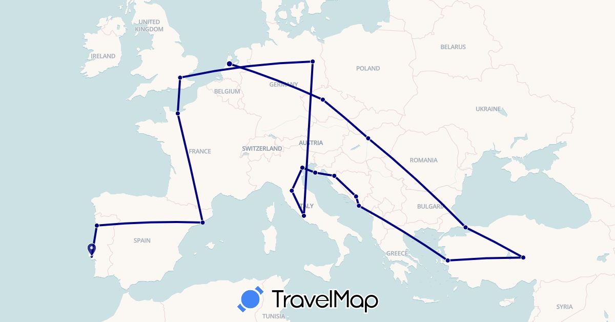 TravelMap itinerary: driving in Bosnia and Herzegovina, Czech Republic, Germany, Spain, France, United Kingdom, Croatia, Hungary, Italy, Netherlands, Portugal, Turkey (Asia, Europe)